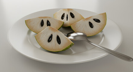 Fresh Soursop on Plate with Spoon Minimalist PNG