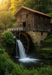 Photo of Old Water Mill Structure with Waterfall in Lush Green Forest