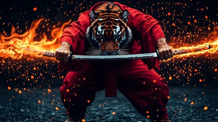 Tiger warrior with flaming katana
