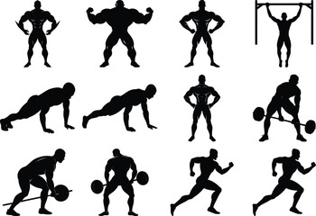 Running and Gym Workout Silhouette Vector Collection Fitness Movement Illustration Set.