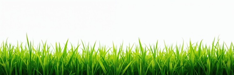 Obraz premium Fresh green grass against white background. Bright summer outdoor shot of plant, nature. Lawn field with vibrant blades. Eco-friendly concept, environment, organic, freshness.