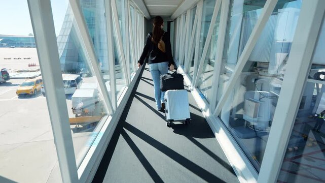 Professional businesswoman walking through glass-walled jetway on bright sunny day, pulling rolling suitcase as she heads toward the terminal after landing. Slow motion follow shot