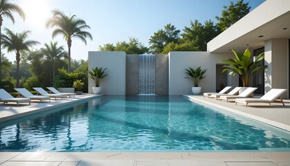 Fototapeta premium Luxury Resort Poolside Paradise: Tranquil Waterfall Oasis with Modern Design and Lush Tropical Surroundings