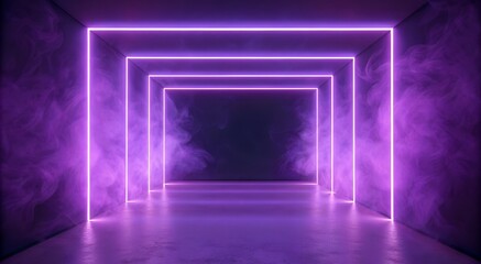 Futuristic Neon Tunnel Illuminated with Purple Lighting and Enveloped in a Smoky Atmospheric Ambience.