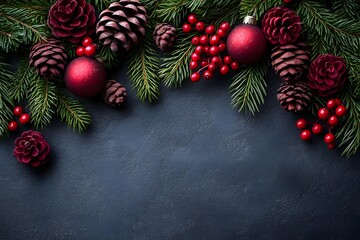 Festive Christmas Composition with Pinecones, Red Baubles, and Fir Branches on Dark Background