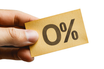 Hand holding a yellow card showing zero percent