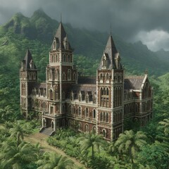 Fototapeta premium Grand, aged mansion nestled amidst dense jungle foliage, under a cloudy sky