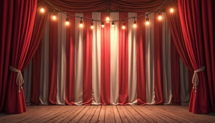 Empty stage with red white striped curtains, string lights. Vintage wooden floor background adds retro, rustic texture. Warm ambience for show, performance, theatre, circus, carnival party events.