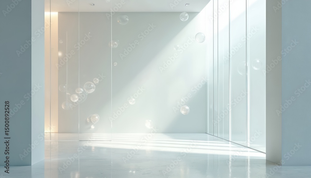 Poster Modern website landing page glass morphism style. Transparent glass partitions, floating spheres. Minimalistic abstract design with reflection, gradient background. Cyberspace concept.