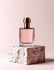 Perfume advertisement, luxury and minimalism: Fragrance with textured stone base, serene minimal background.