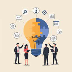 A colorful vector illustration shows four businesspeople collaborating around a large lightbulb puzzle, surrounded by business icons like graphs and data.