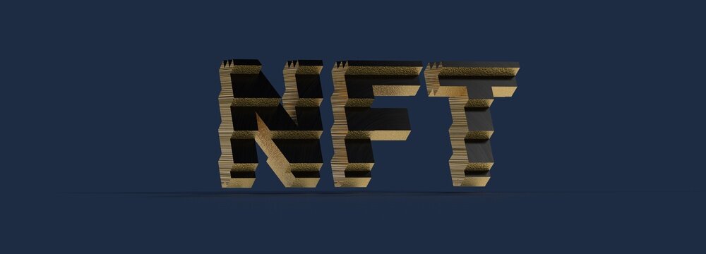 High-quality 3D rendering of NFT letters in gold texture. Perfect for blockchain, cryptocurrency, and digital art projects.