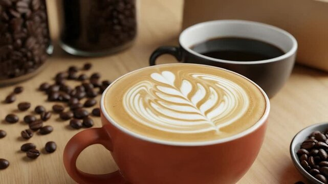  A beautifully crafted latte with intricate foam art sits in a terracotta cup on a wooden table. 