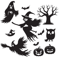 Collection of Halloween silhouettes. Haunted house, creepy tree, flying witch, pumpkins, halloween ghost, owl, coffin lid etc illustration design 