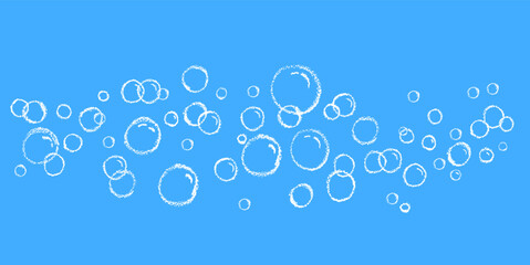 Cartoon soap bubbles. A foam sample with white pastel round shapes. Vector charcoal illustration of a card with shampoo or drinking foam. Simple soap background. Oxygen circles flying