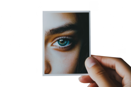 Closeup photo of a woman s striking blue eye held in a hand