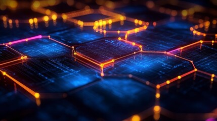 Hexagonal network with glowing orange connections over blue digital surface