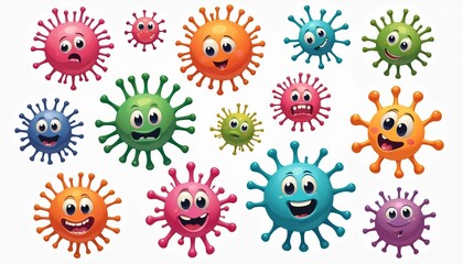 Fototapeta premium Set of funny cartoon microbes and viruses isolated on white background. Illustration ideal for kids. Educational materials for healthcare, science. Represents danger, illness, and infection concept.