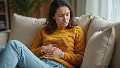 Woman suffers stomach ache, sits sofa. Expressions pain, discomfort. Hands on belly, possibly menstrual cramps. Health problems, belly troubles. Illness, abdominal pain, healthcare concept.