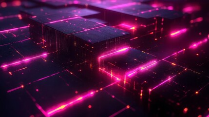 Abstract geometric arrangement of dark cubes with bright, glowing magenta lines and points