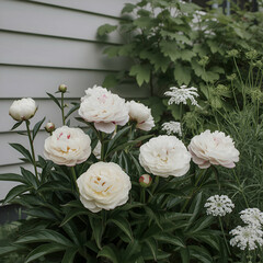 Fototapeta premium Blooming peonies gracefully adorn a garden amidst lush greenery on a serene morning Generative AI