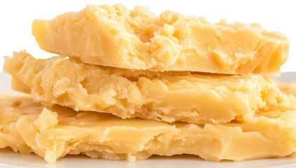 Stack of pale yellow, crumbly cheese slices