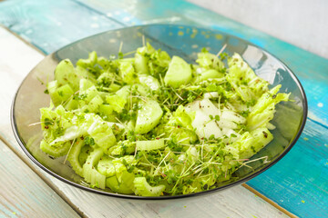 Fresh green microgreen salad on a light blue plate. A natural and organic concept for healthy eating and spring or summer food presentations.