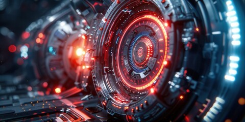 Interfaz Tecnológica Abstracta con Iluminación Roja y Metales Brillantes