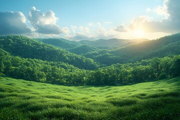 Obraz premium Serene Mountain Landscape with Lush Greenery and Majestic Sunrise