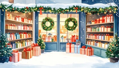 Holiday shop display with gifts, garlands, wreaths, and fresh snow