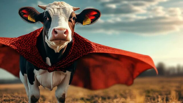 Cow is wearing a red cape and standing in a field. The cow is wearing a tag that says "A"