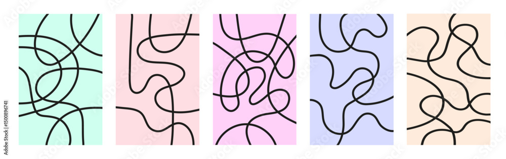 Fototapete Abstract set vertical backgrounds with dynamic linear waves. Trendy vector illustration in style retro 70s, 80s. Pastel colors