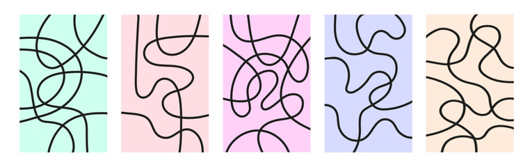 Abstract set vertical backgrounds with dynamic linear waves. Trendy vector illustration in style retro 70s, 80s. Pastel colors
