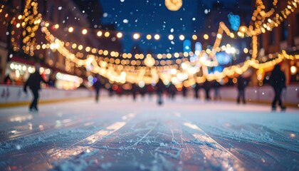 Ice skaters on a rink under strung lights. Festive winter scene, blurred bokeh in background