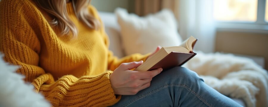 Cozy autumn reading with yellow sweater. Woman enjoys book, relaxed on comfortable sofa. Leisure, lifestyle, relax, weekend, home concept. Warm, peaceful atmosphere. Interior, leisure time. Reading
