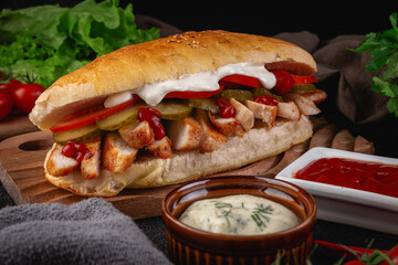 Tasty grilled chicken sandwich with fresh tomato slices, pickles, ketchup and creamy white sauce served in a crispy bun on a wooden board