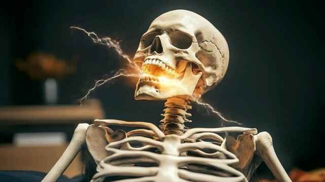 Skeleton is sitting on a couch with its mouth open and teeth exposed. The image has a spooky and eerie mood, as the skeleton appears to be in a state of shock or surprise