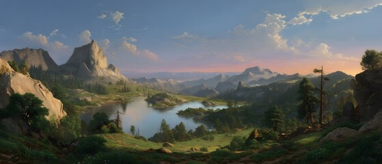 Breathtaking mountain landscape with a serene lake and river