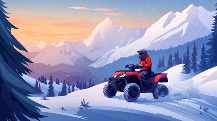 ATV expedition in snowy alpine mountains, rider in winter gear, snow trails and pine-covered slopes, frozen adventure landscape