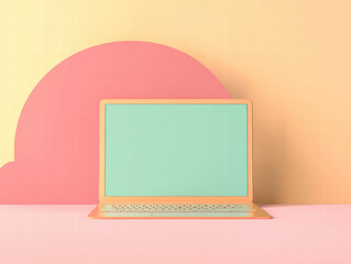 Pastel Laptop Mockup: A stylish pastel-colored laptop with a blank teal screen sits against a soft pink and peach background, perfect for showcasing your designs or apps.