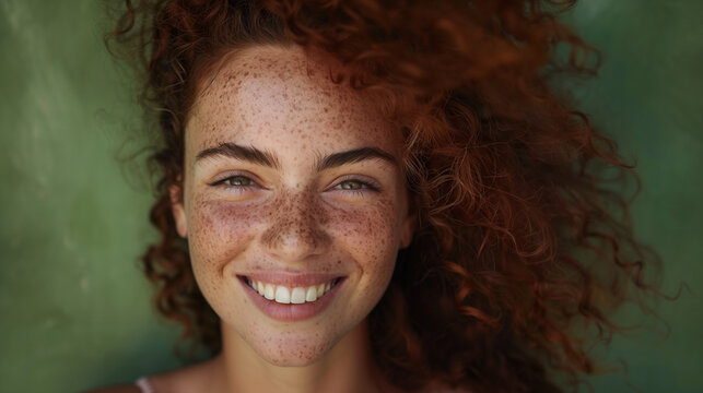 Close-up of a cheerful girl with red curly hair and freckles smiling warmly at the camera