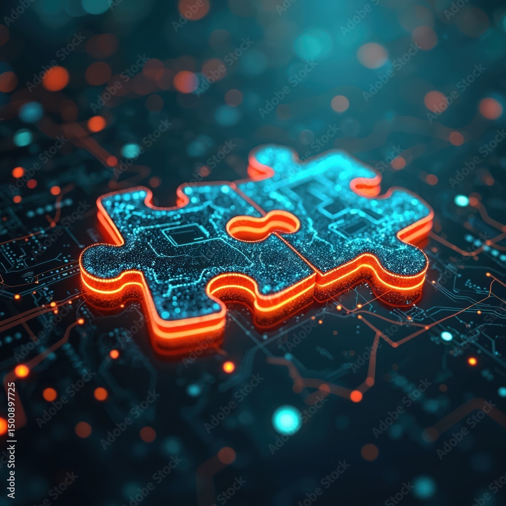 Poster Two puzzle pieces interconnected on circuit board, symbolizing AI integration in business data management. Circuit board background with neon lights, highlighting tech, digital, electronic synergy.