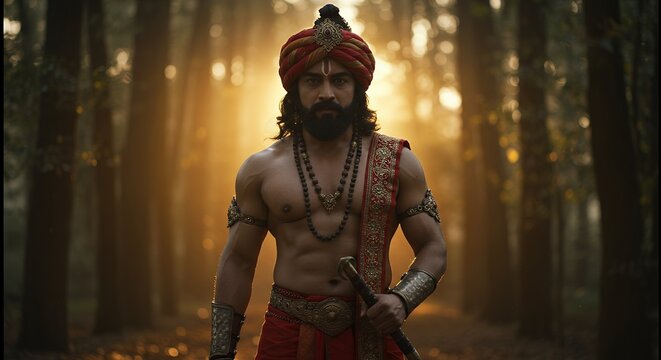 A cinematic portrait of the mythological warrior Laxman standing in a serene forest at dawn