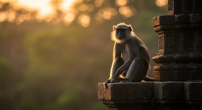 Langoor Monkey on Temple Wall at Golden Hour