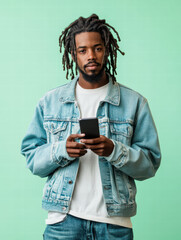 A young man with dreadlocks, wearing a denim jacket and white t-shirt, looks directly at the camera while holding his smartphone.