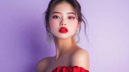 A stunning woman showcases her radiant beauty with captivating makeup and stylish attire, exuding grace and confidence against a backdrop of soft colors.