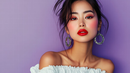 Captivating portrait of a woman with stunning makeup, radiating confidence against a complementary backdrop, accentuating features. 
