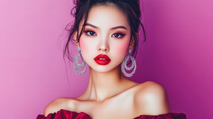 A captivating portrait of a model with a gorgeous face, stunning make-up, and sparkling jewelry. Radiating confidence and elegance. 