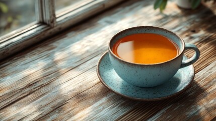 Warm Cup of Tea on Rustic Wooden Table by the Window