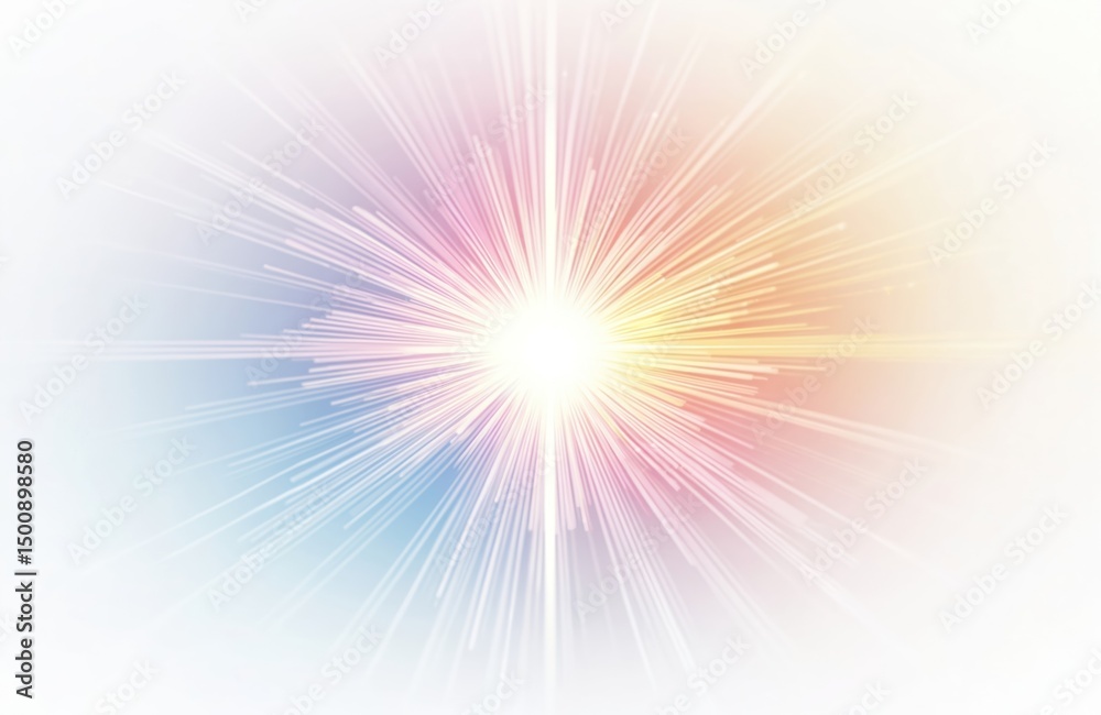 Poster illustration featuring light rays emanating from central point. display of colors, energy spread acr